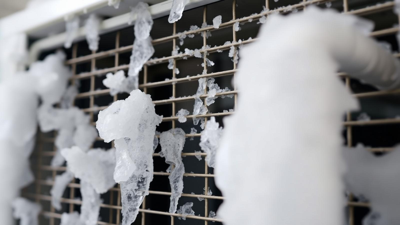 Frozen AC evaporator coil covered in ice Close-up of a residential air conditioner evaporator coil and refrigerant line caked in thick white ice and frost