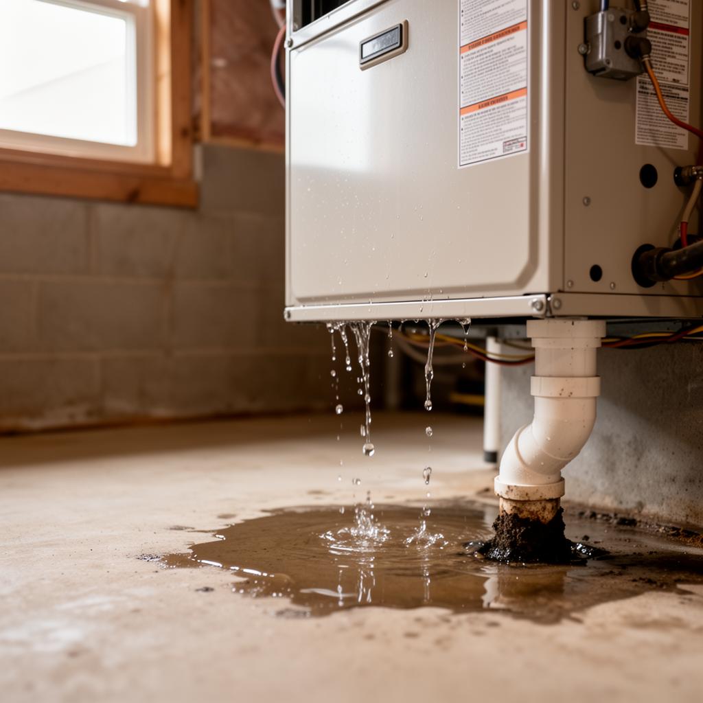AC leaking water inside the house from a clogged condensate drain Water dripping from a residential AC air handler onto a basement floor next to a clogged PVC condensate drain line