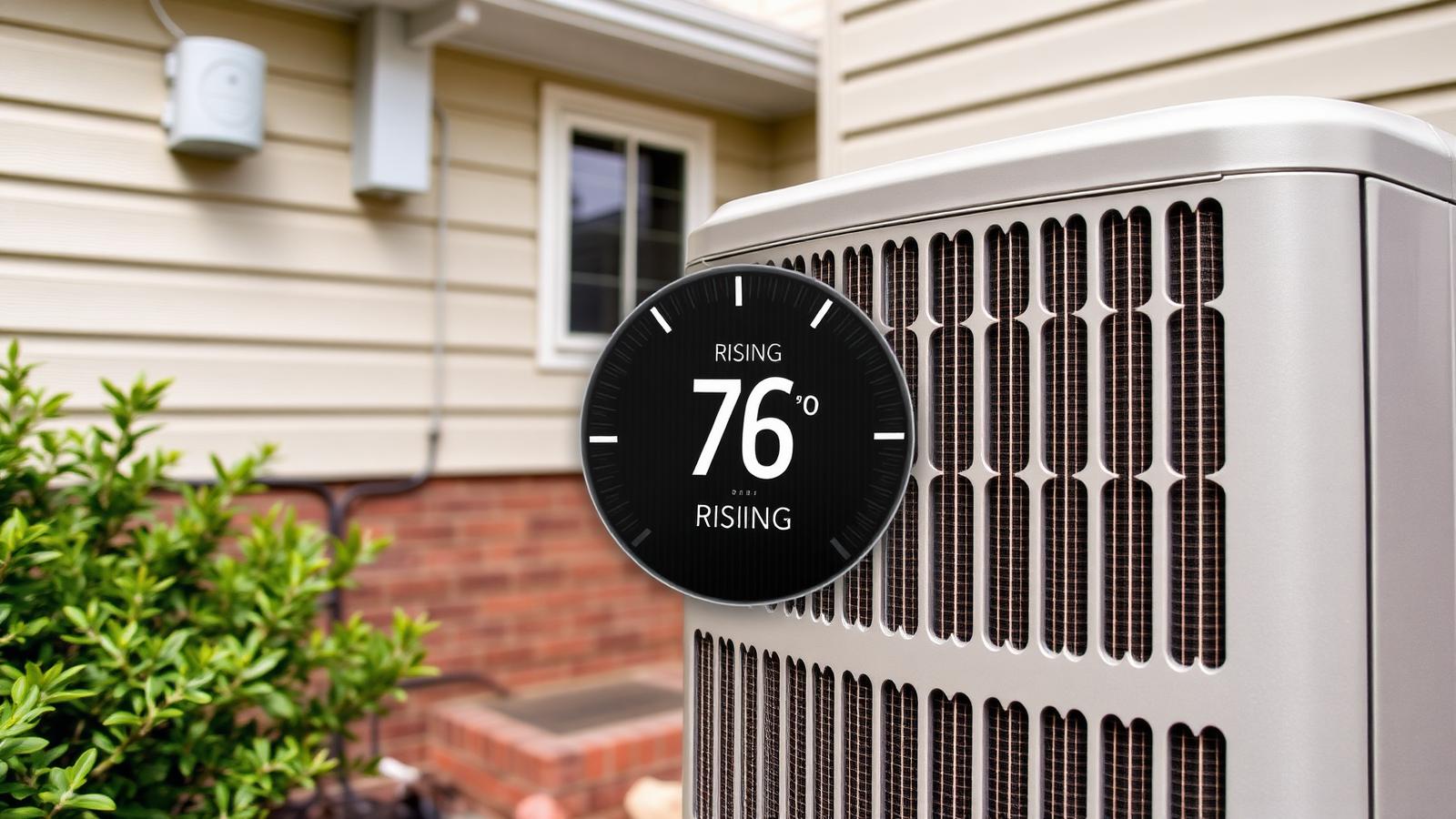 AC running but indoor temperature rising Outdoor residential air conditioner running on a hot day with a thermostat overlay showing rising indoor temperature