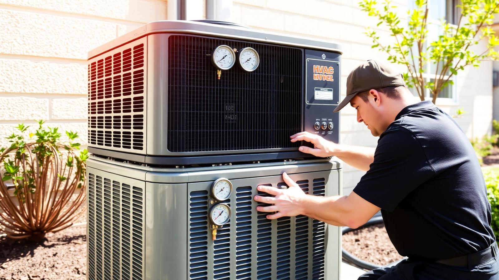 Spring AC tune-up on a residential condenser HVAC technician performing a spring AC tune-up on an outdoor residential air conditioner condenser with gauges attached