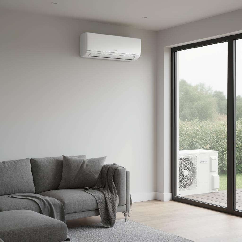 Ductless mini-split heat pump installed in a living room Wall-mounted ductless mini-split indoor air handler with outdoor condenser visible through a window