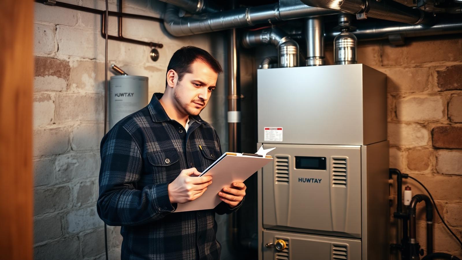 Winter furnace maintenance checklist inspection HVAC technician reviewing a winter furnace maintenance checklist beside a residential gas furnace in a basement