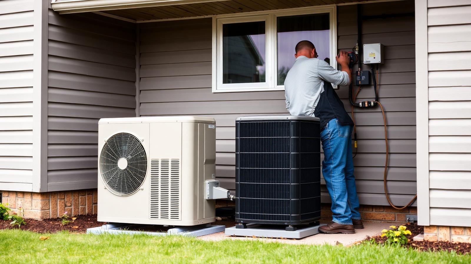 New residential air conditioner installation Newly installed residential outdoor air conditioner condenser unit beside a suburban Midwestern home with a technician finishing hookup