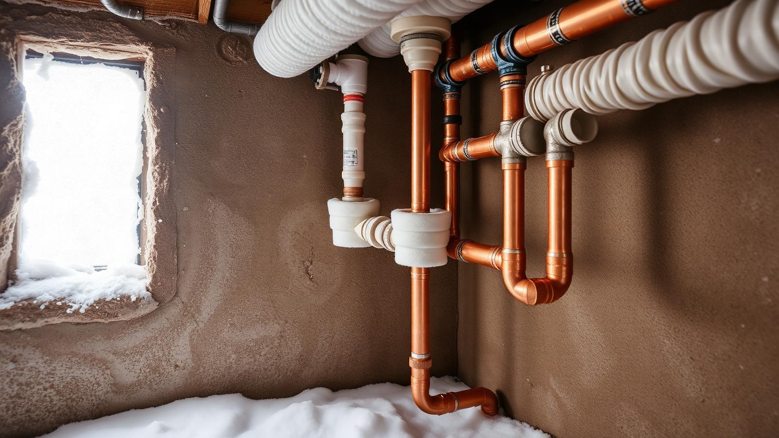 Insulated pipes to prevent winter pipe freezing Exposed copper plumbing pipes wrapped in foam pipe insulation in a cold basement with frost on the basement window