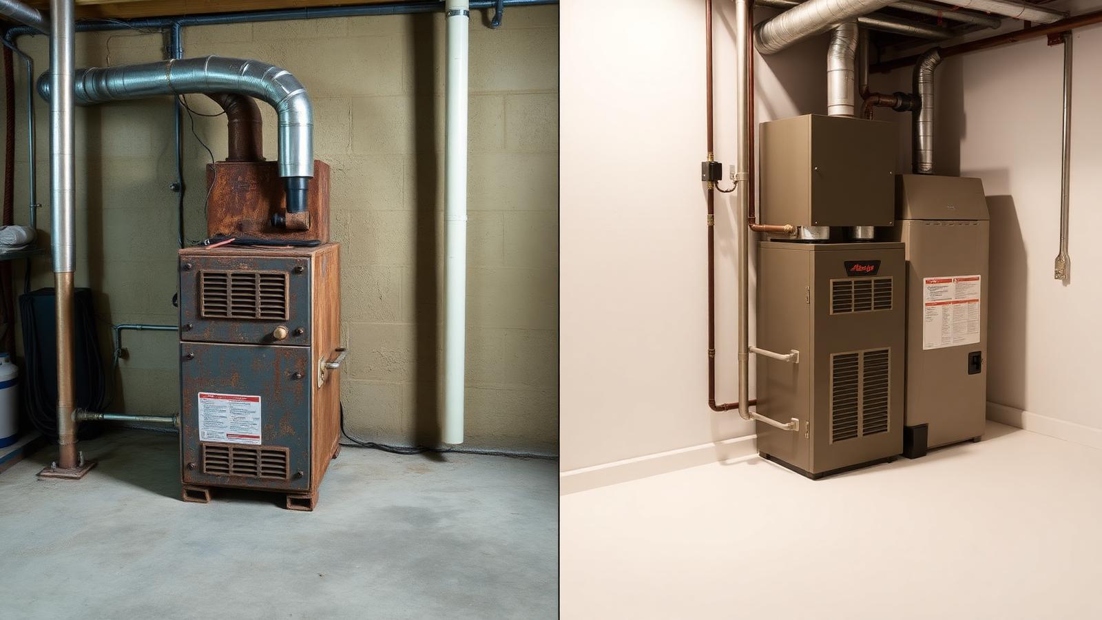 Repair or replace your furnace comparison Side-by-side comparison of an old rusted residential furnace and a new high-efficiency furnace in a basement