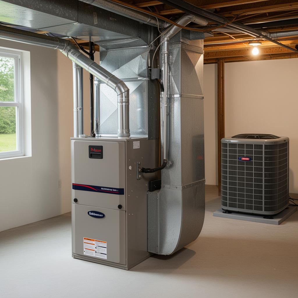 New matched residential gas furnace and central air conditioner installed together in a Central Illinois home utility room