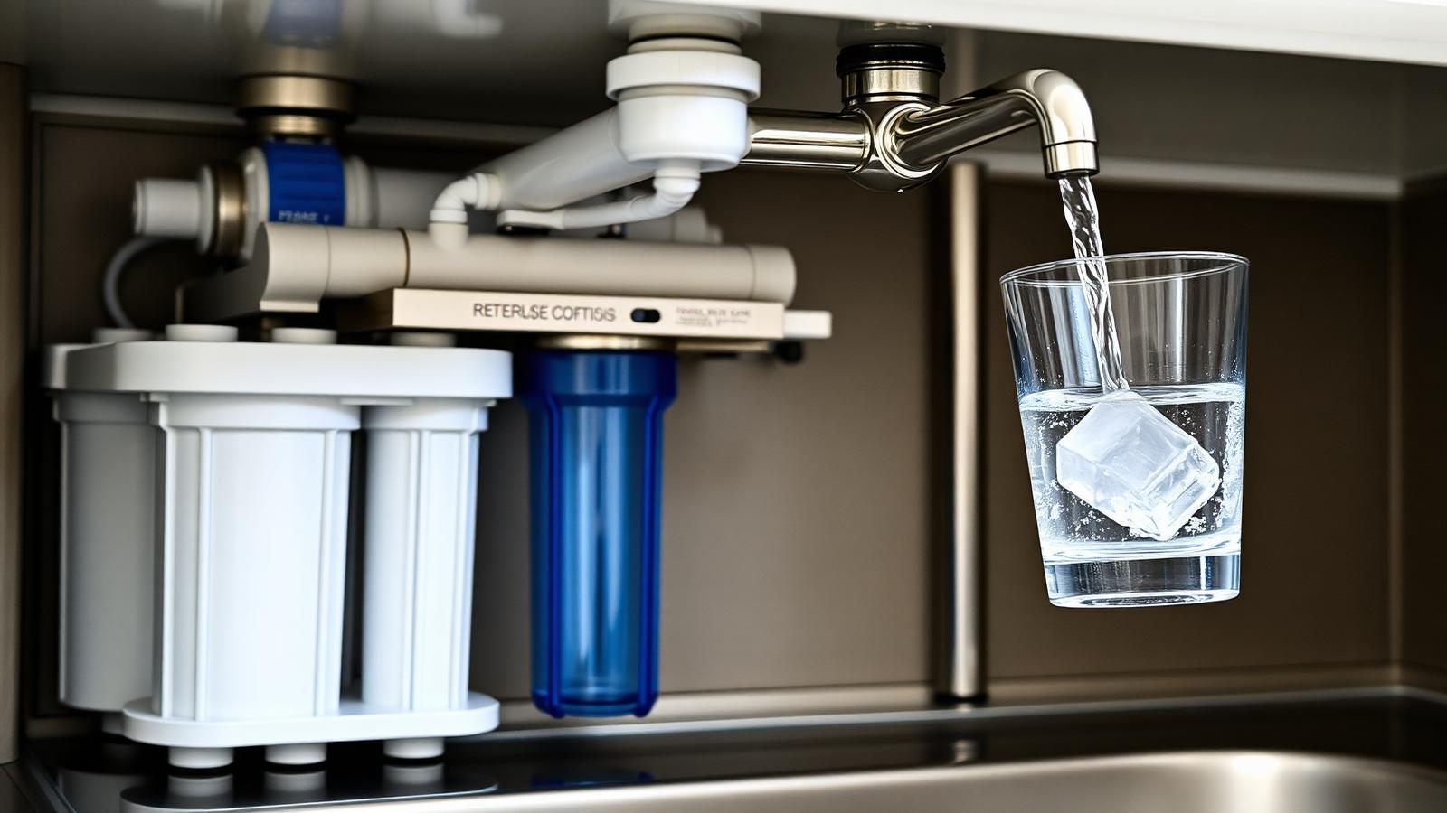 Reverse osmosis water filter under a kitchen sink Under-sink reverse osmosis water filtration system filling a clear glass of purified drinking water at the dedicated faucet
