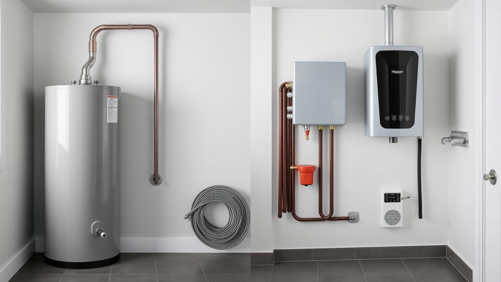 Tank vs tankless water heater comparison Side-by-side comparison of a traditional tank water heater and a modern wall-mounted tankless water heater in a clean utility room