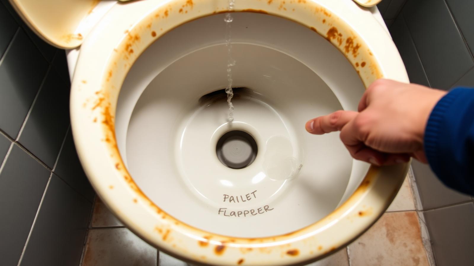 Toilet tank flapper that keeps running water Open toilet tank showing a worn flapper and running water with a plumber hand pointing at the fill valve assembly