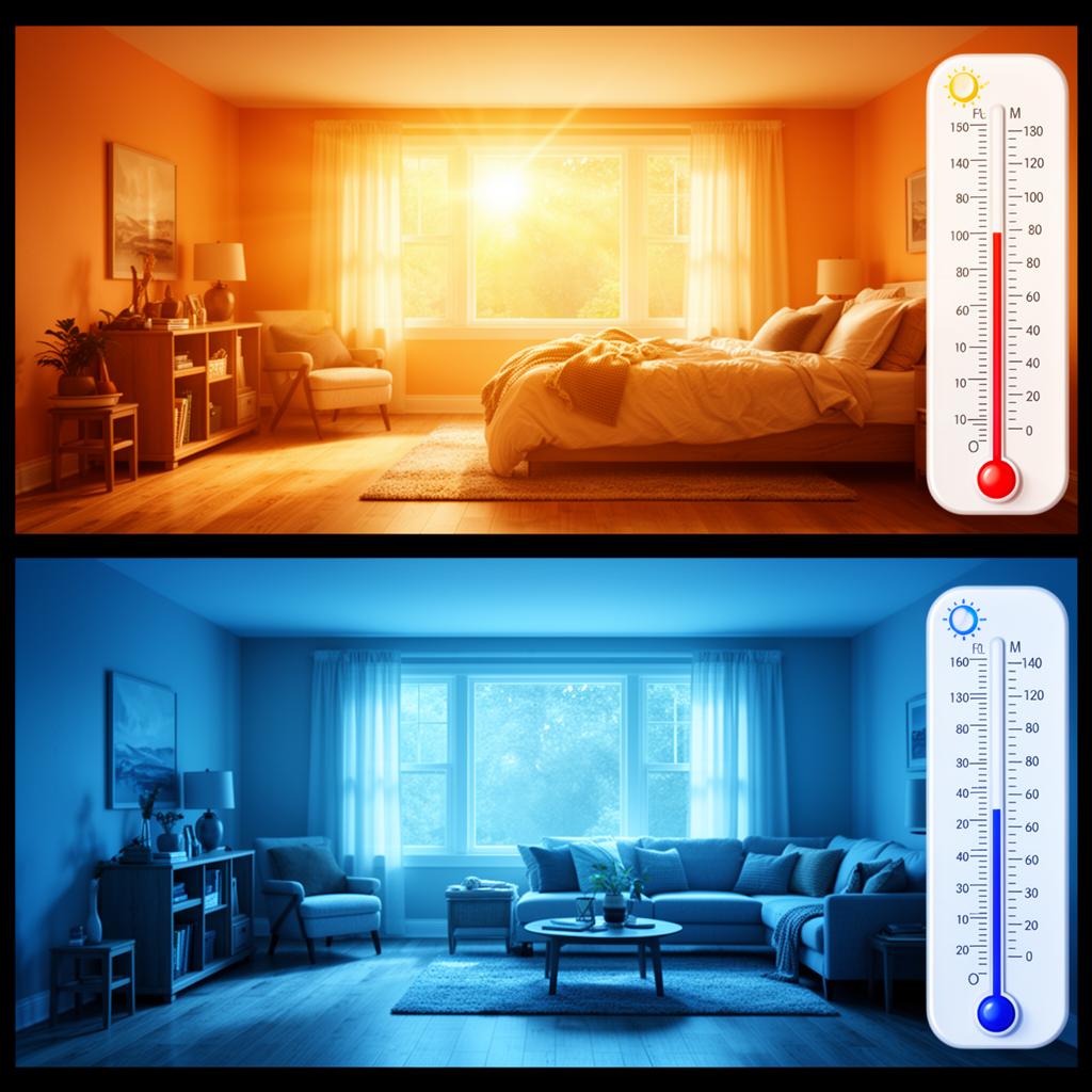 Why upstairs is hotter than downstairs in summer Side-by-side comparison of a hot sunlit upstairs bedroom and a cooler downstairs living room