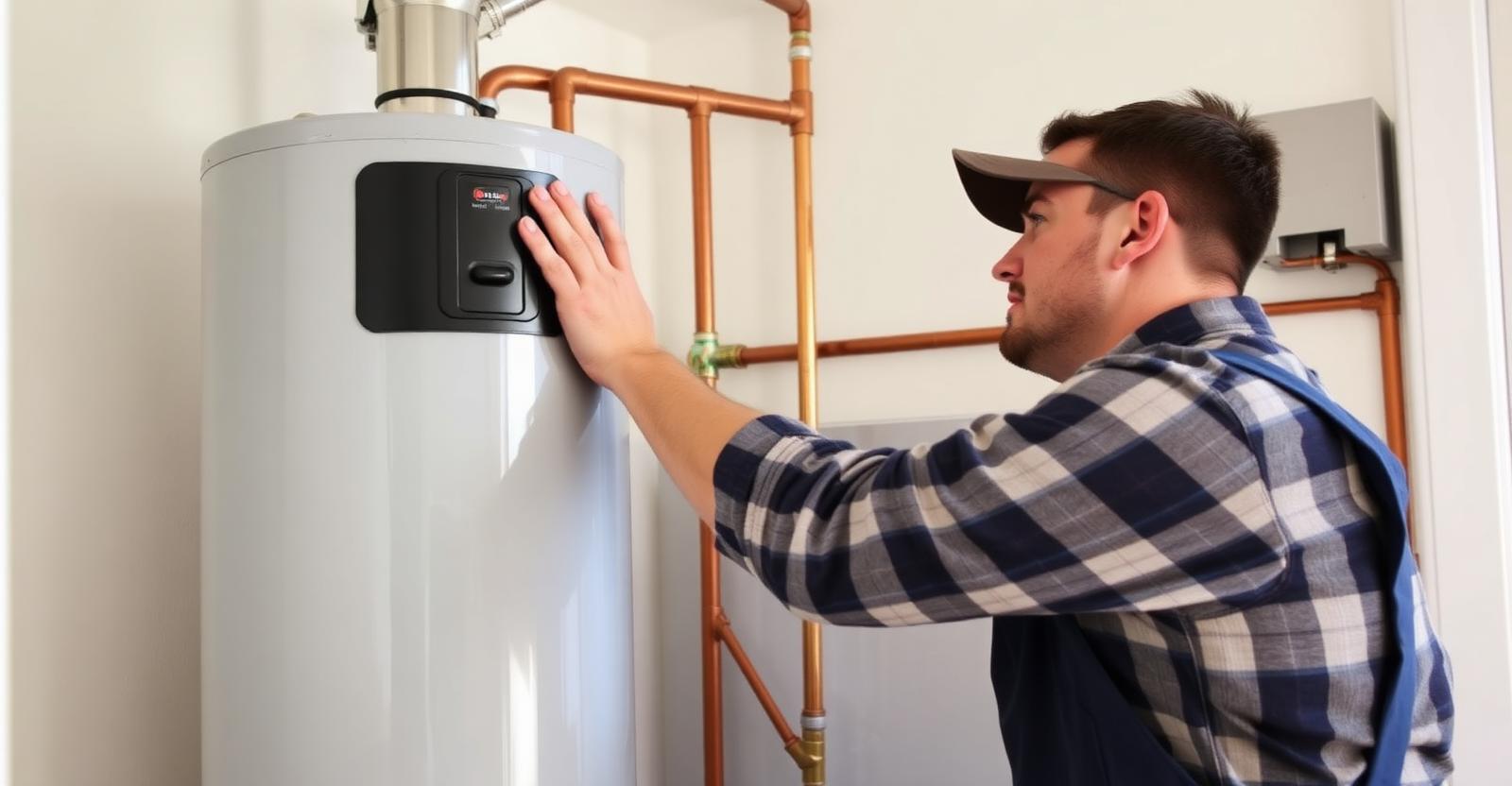 Tank water heater replacement in Central Illinois Plumber replacing a residential 50-gallon tank water heater in a Central Illinois utility room