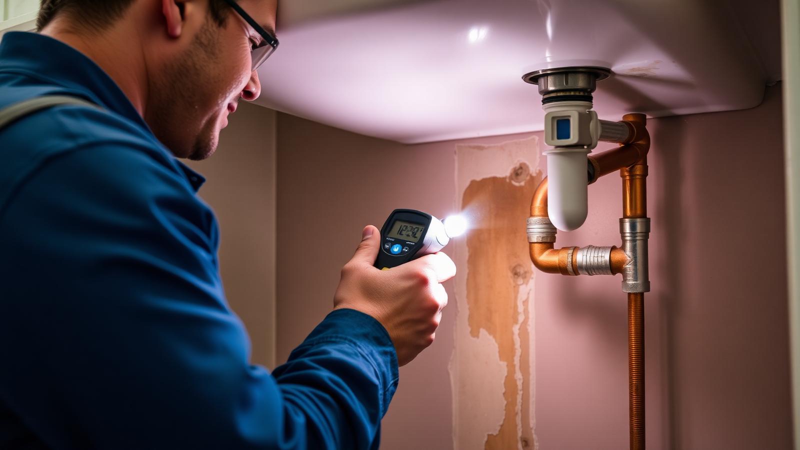 Detecting a hidden water leak under a sink Plumber using a moisture meter on damp drywall under a kitchen sink while inspecting a copper water line for a leak