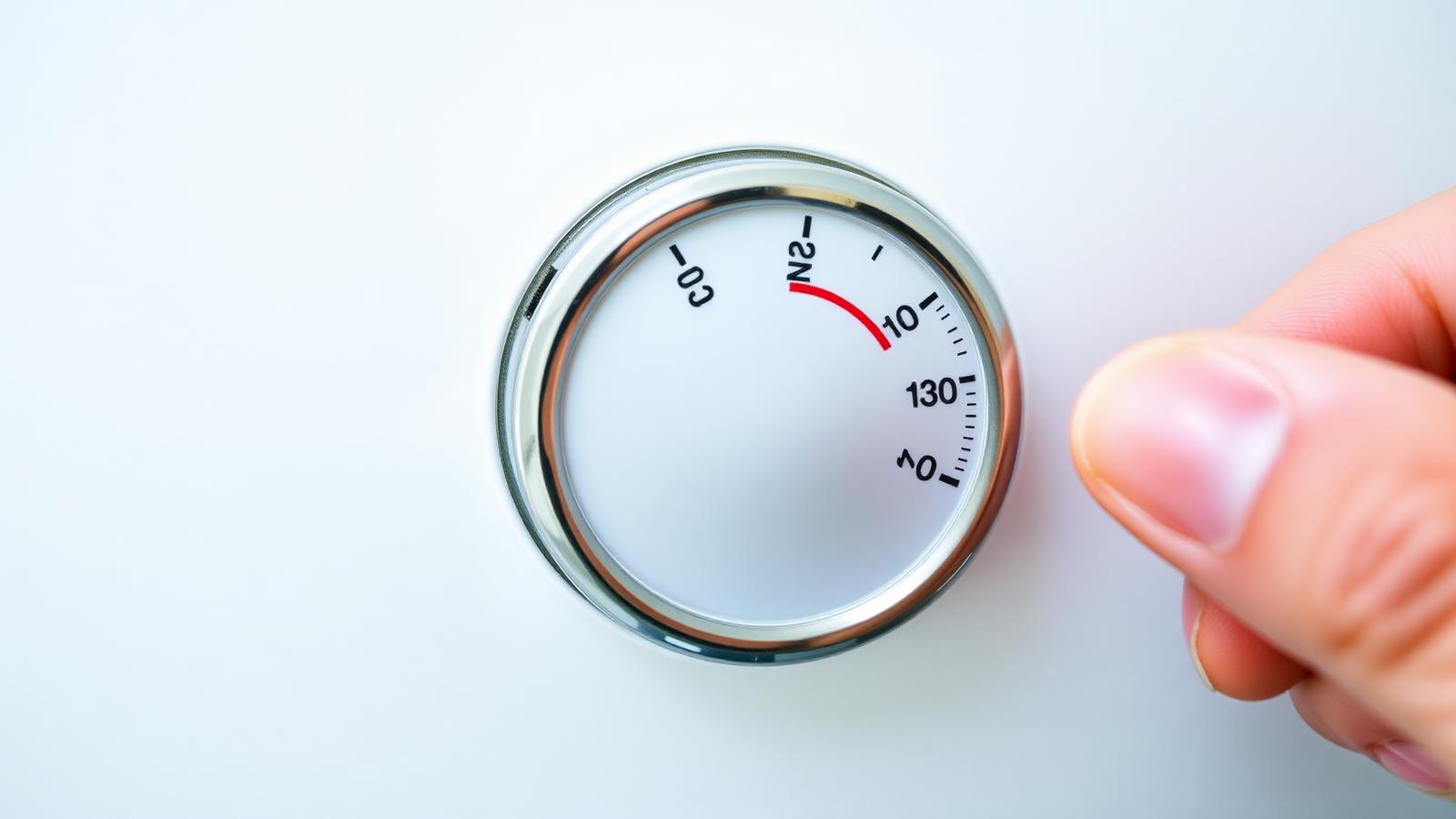 Water heater thermostat set too hot Close-up of a residential water heater thermostat dial set above 130 degrees with a hand adjusting the temperature setting